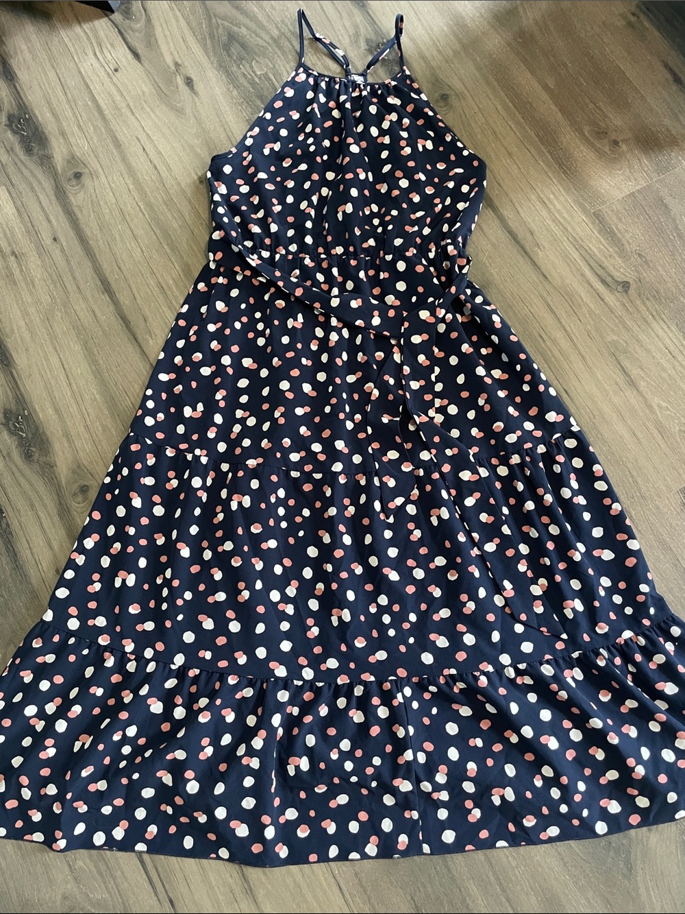 Women’s Navy and Pink Polka Dot Halter Midi Dress Size XL